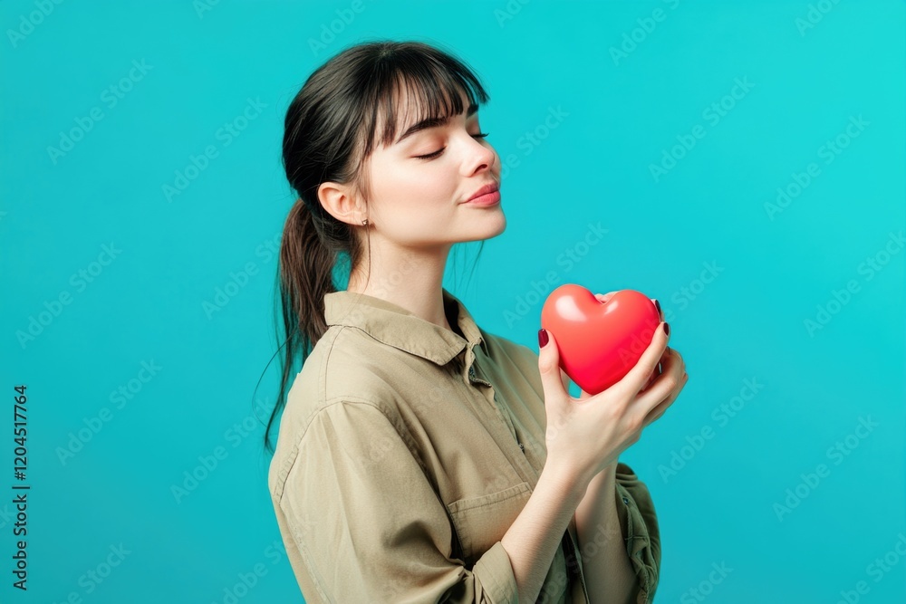 A woman holds a red heart in front of her face, conveying emotions and vulnerability A woman holds a red heart in front of her face, conveying emotions and vulnerability