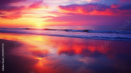 Vibrant Sunset over Ocean Beach: A Serene Coastal Scene