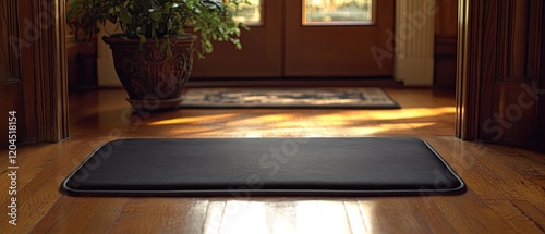 Black cushioned doormat on hardwood floor in sunlit entryway.