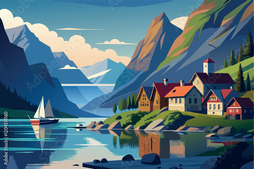 Small town is located near a picturesque lake and rocky mountains vector flat illustration