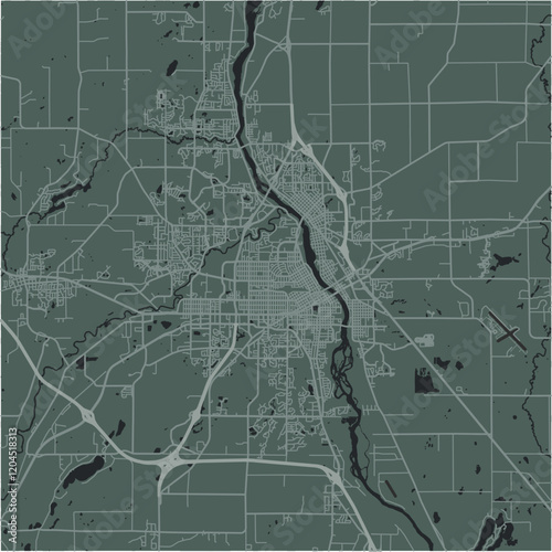 Map of Saint Cloud in Minnesota in a smooth dark style. Contains layered vector with roads water, parks, etc.