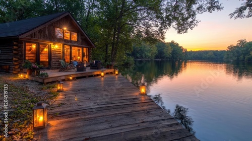 Lakeside cabin sunset, tranquil evening, river view, cozy interior, vacation rental