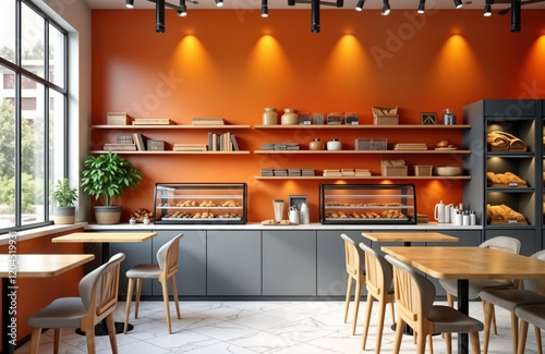 Modern bakery cafe interior design. Display of bakery products on shelves, display cases. Wooden tables, chairs for customers. Orange walls, gray cabinets create inviting atmosphere. Light fills photo