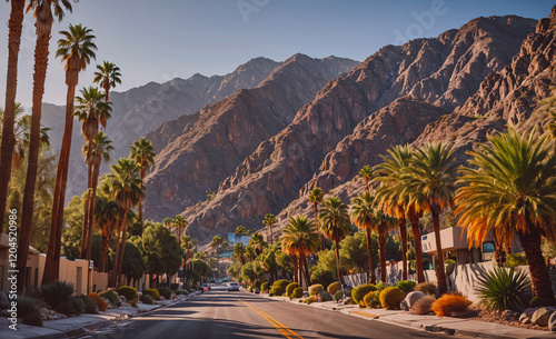 Street with palm trees and a mountain in the background. The street is lined with houses and palm trees