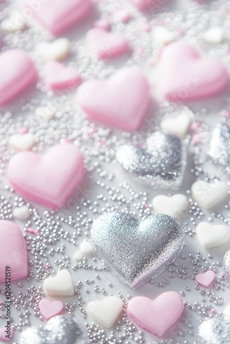A decorative arrangement of pink and silver hearts on a white table