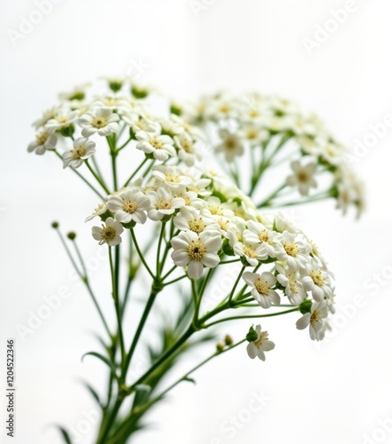 Closeup view of small white flowers isolated on plain white background. Delicate gypsophila blossoms arranged in tight bunches. Natural beauty of tiny flowers. Ideal for floral design wedding decor. photo