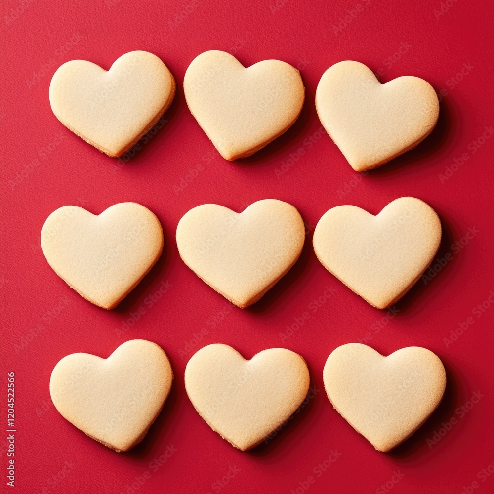 Obraz premium A stack of heart shaped cookies on a red background, perfect for decorating or photography props
