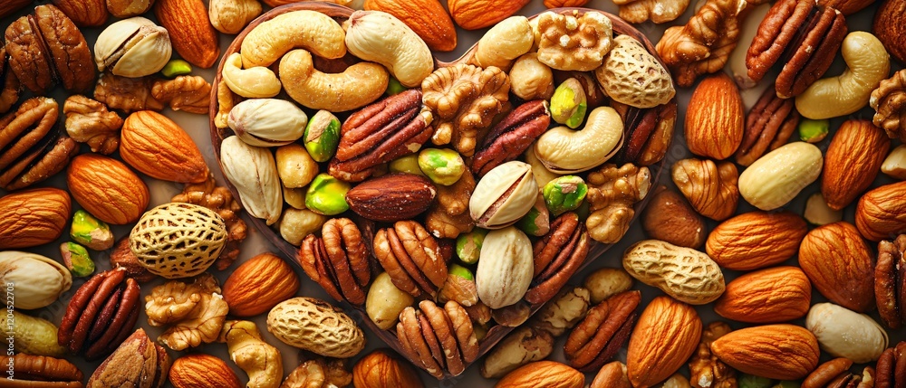 Obraz premium Heart Shaped Bowl of Mixed Nuts Almonds Cashews Walnuts Pecans Pistachios Healthy Snack Food