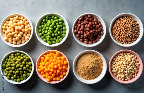 Assortment of various legumes in small bowls. Yellow peas, chickpeas beans, peanuts maash, lentils displayed in different bowls. Top view of raw uncooked ingredients. Healthy food concept. Natural, photo