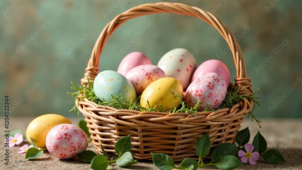 Naklejka premium wicker basket with easter eggs pastel colors on the light green background, postcard