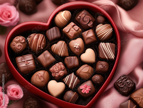 Heart-Shaped Chocolate Box with Assorted Flavors and Textures on Soft Pink Velvet, Adorned with Chocolates and Roses, Perfect for Valentine's Day.