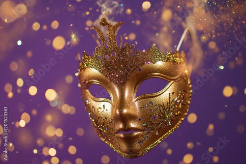 Wallpaper Mural A luxurious gold mask adorned with sparkles sits on a rich purple background, perfect for jewelry or design related uses Torontodigital.ca