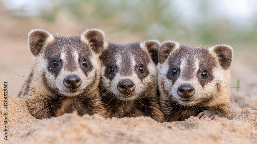 Fototapeta premium Three baby badgers peeking from burrow, wildlife, nature
