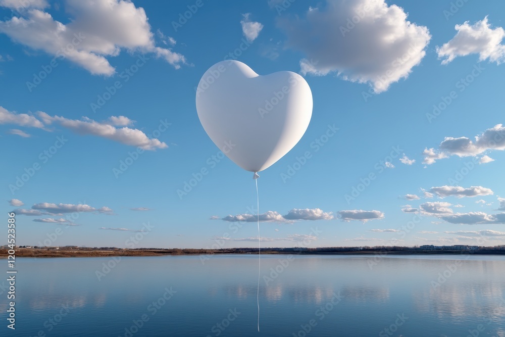Fototapeta premium A pristine white heart-shaped balloon elegantly floats over tranquil waters, embodying peace, love, and freedom under a stunning blue sky filled with soft clouds.