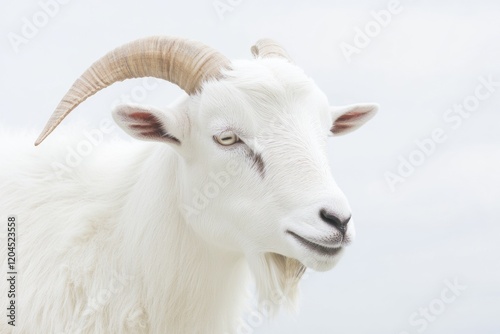Close-up photo of a goat with distinctive long horns, suitable for nature or farm-themed images