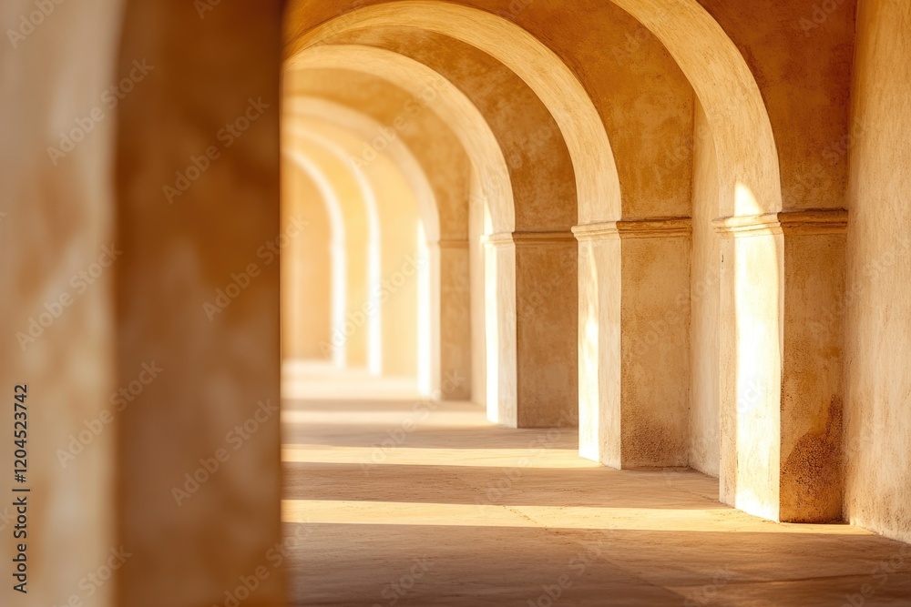 Fototapeta premium Sunlit archway corridor, showcasing repeating arches and warm-toned walls creating a serene atmosphere.