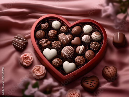 Heart-Shaped Chocolate Box with Assorted Flavors and Textures on Soft Pink Velvet, Adorned with Chocolates and Roses, Perfect for Valentine's Day.