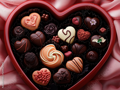 Heart-Shaped Chocolate Box with Assorted Shapes, Flavors, and Textures on Soft Pink Velvet Fabric, Perfect for Valentine's Day Gifts.