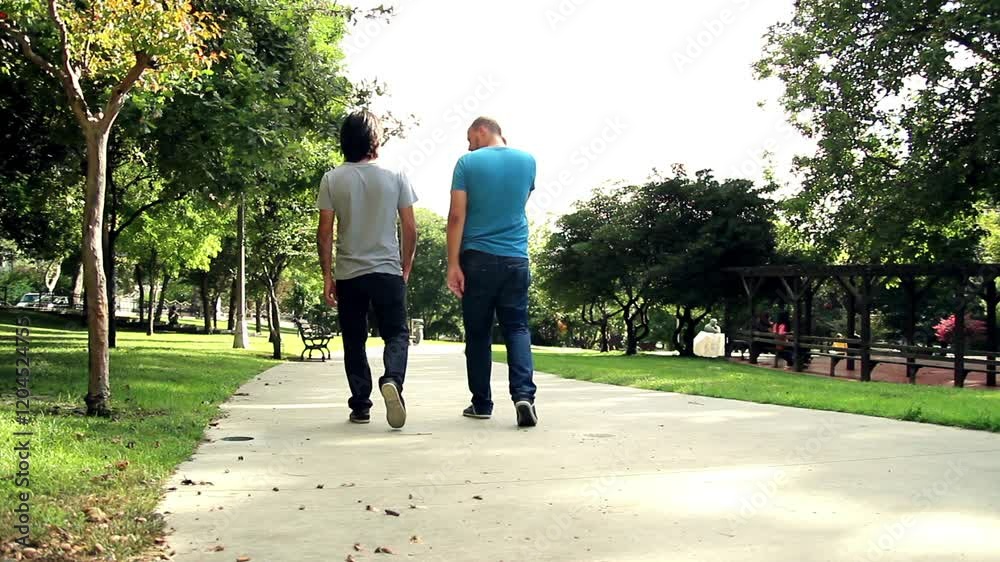 Young men walking park in leisure time Young men walking park in leisure time