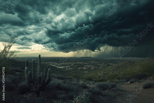 A dramatic desert landscape with a massive thunderstorm looming over a city, cacti in the foreground.