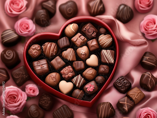 Heart-Shaped Chocolate Box with Assorted Flavors and Textures on Soft Pink Velvet, Adorned with Chocolates and Roses, Perfect for Valentine's Day.