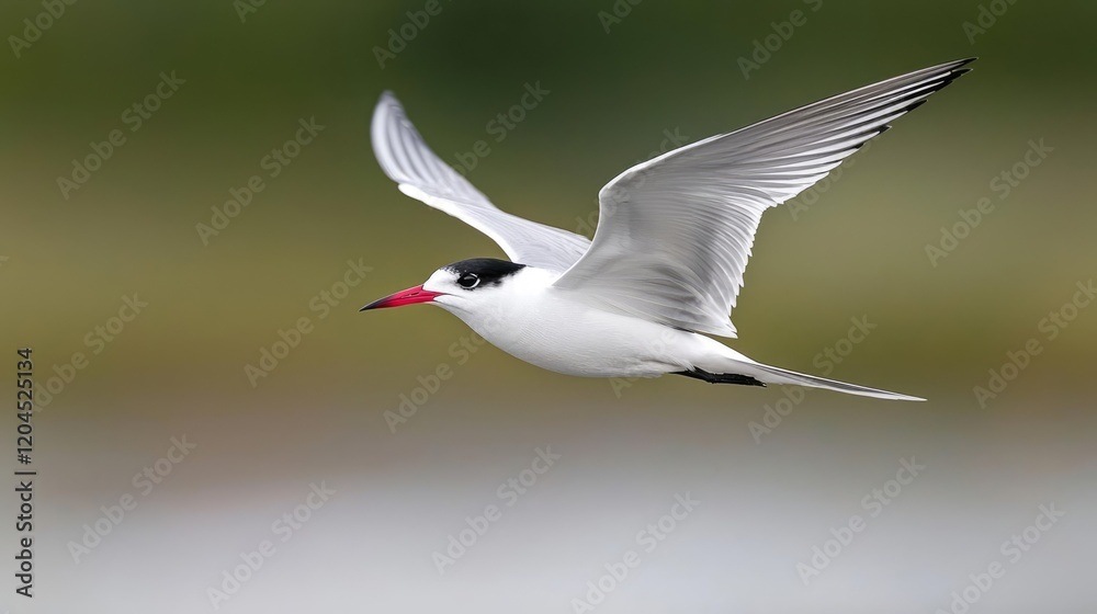 Obraz premium Common tern flying gracefully through the air over its natural coastal habitat during a bright day.