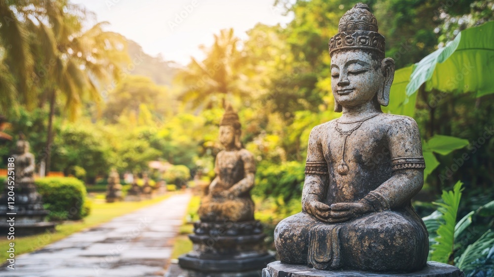 Ancient stone Buddha statues line a tropical pathway bathed in golden sunlight during the day Ancient stone Buddha statues line a tropical pathway bathed in golden sunlight during the day