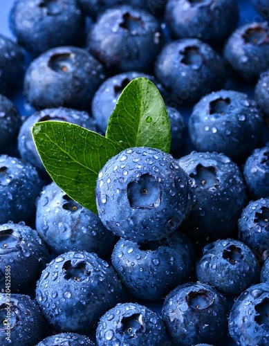 Water drops on ripe sweet blueberry. Fresh blueberries background with copy space for your text. Vegan and vegetarian concept. Macro texture of blueberry berries.Texture blueberry berries close up
