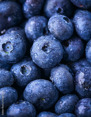 Water drops on ripe sweet blueberry. Fresh blueberries background with copy space for your text. Vegan and vegetarian concept. Macro texture of blueberry berries.Texture blueberry berries close up
