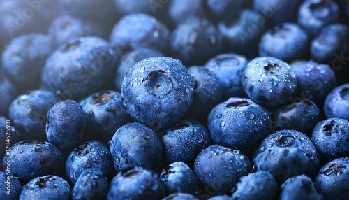 Obraz na płótnie Water drops on ripe sweet blueberry. Fresh blueberries background with copy space for your text. Vegan and vegetarian concept. Macro texture of blueberry berries.Texture blueberry berries close up w salonie