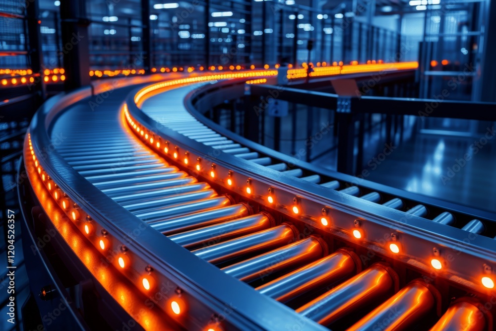 Conveyor belt with glowing lights in an industrial setting. Concept of automation and efficiency. For manufacturing technology visuals. Conveyor belt with glowing lights in an industrial setting. Concept of automation and efficiency. For manufacturing technology visuals.