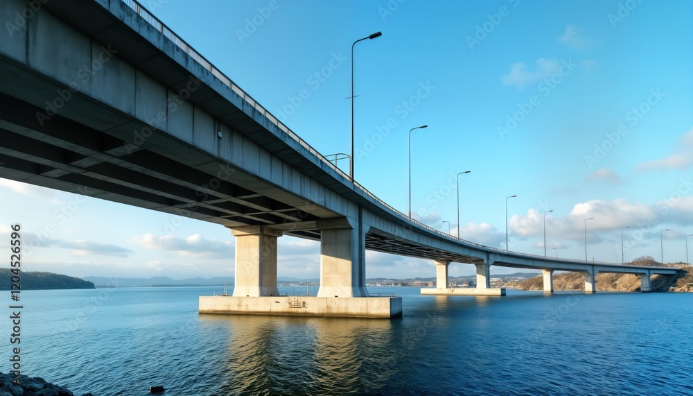 Modern reinforced concrete road bridge spans over calm water. Strong structure with pillars supporting wide roadway. Clear blue sky with scattered clouds indicates sunny day. Landscape view of calm Modern reinforced concrete road bridge spans over calm water. Strong structure with pillars supporting wide roadway. Clear blue sky with scattered clouds indicates sunny day. Landscape view of calm