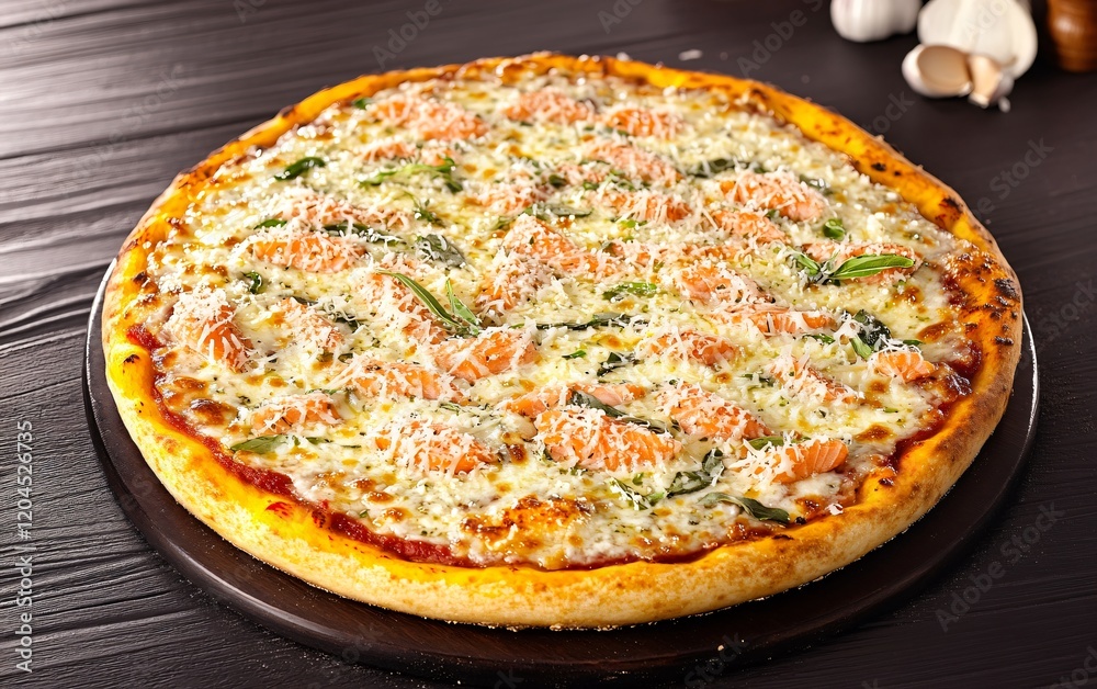 Delicious Salmon Pesto Pizza on Dark Wood Delicious Salmon Pesto Pizza on Dark Wood