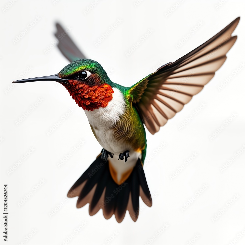 Fototapeta premium Allen hummingbird in flight. Detailed photorealistic illustration shows vibrant colors like red copper green, orange. Bird wings spread wide, plumage detailed. Fast, energetic movement suggested.