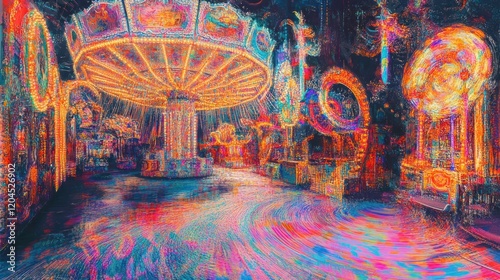 Psychedelic carousel in an amusement park at night.