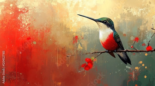 Vibrant hummingbird perched on a branch amidst a colorful abstract background of red and gold
