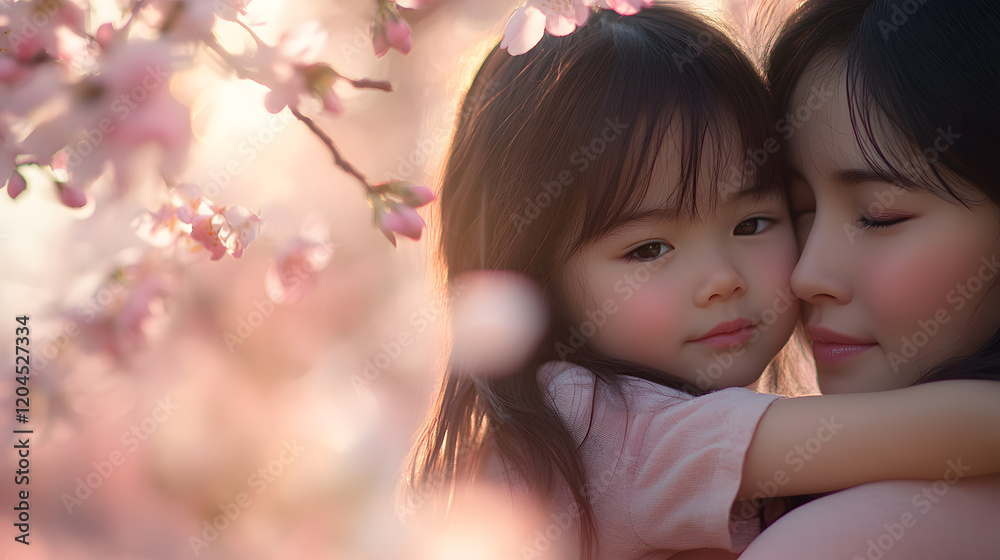 A tender moment between a mother and her young daughter, embraced amidst a softly blurred backdrop of blossoming cherry trees. A tender moment between a mother and her young daughter, embraced amidst a softly blurred backdrop of blossoming cherry trees.