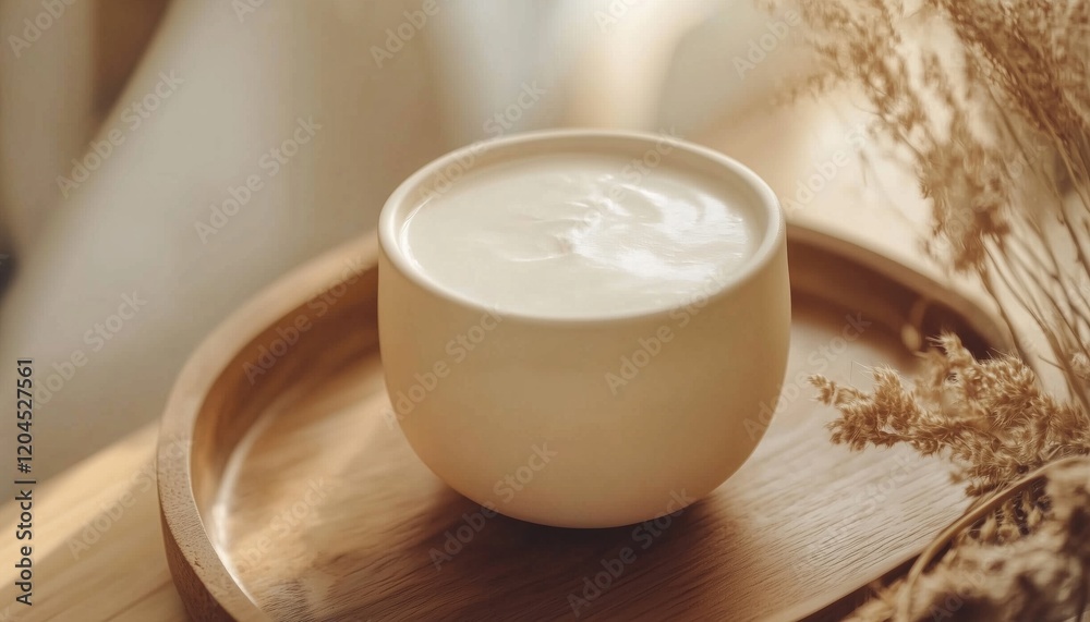 Creamy White Yogurt In Cup Presented On A Wooden Plate In Close Proximity, Showcasing Its Natural And Delicious Qualities.