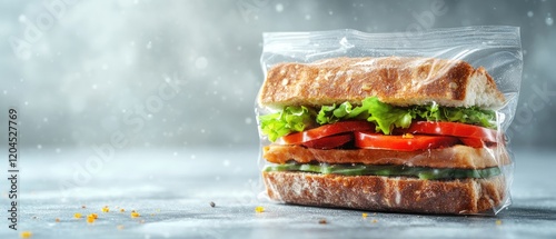 Delicious sandwich packed in a clear plastic bag.