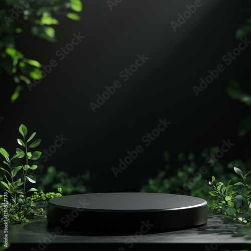 Dark, circular platform surrounded by lush green foliage against a black background.