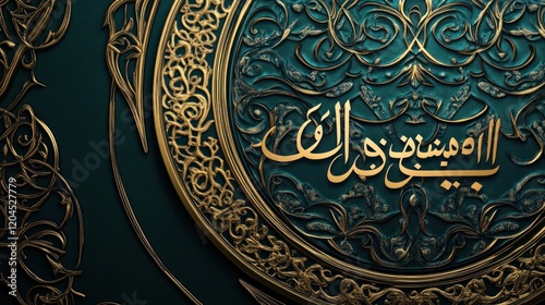 Intricate gold Arabic calligraphy on teal background.