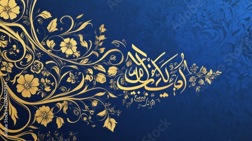 Elegant gold floral design with Arabic calligraphy on blue background.