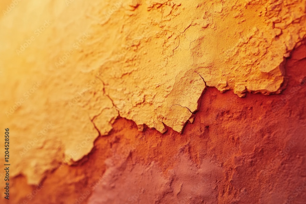 Fototapeta premium Abstract texture of cracked, ochre and burnt orange surface, reminiscent of arid landscapes or Martian terrain.