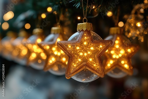 Hanging Christmas decorations on evergreen tree, festive atmosphere