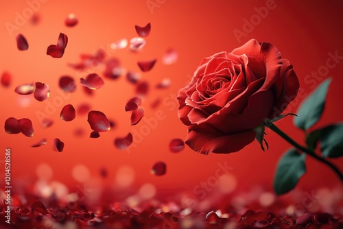 A red rose with its petals flying through the air, conveying a sense of freedom and joy