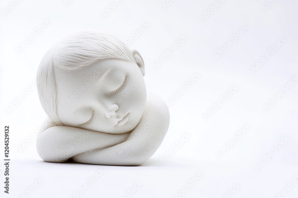 A realistic white sculpture of a sleeping child lying on a soft surface A realistic white sculpture of a sleeping child lying on a soft surface