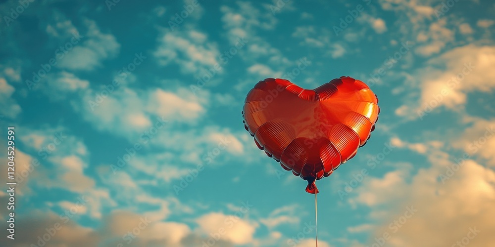 Fototapeta premium A red heart-shaped balloon floats gently in the blue sky, a symbol of love and joy