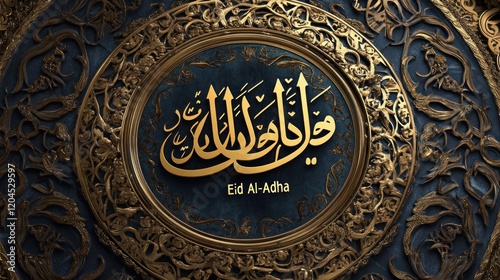 Eid Al-Adha calligraphy in gold on ornate dark blue circular frame.
