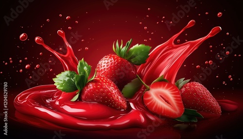 Delicious Strawberry Juice Or Jam Splash Swirl With Ripe Strawberries And Leaf. Red Berry Juice Splashing, Liquid Healthy Fruit Element. photo