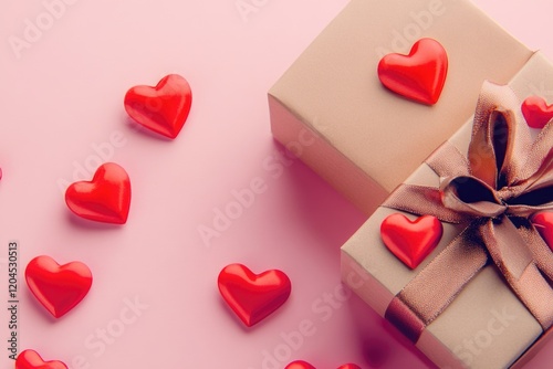 A beautifully presented gift box adorned with red hearts on a pink background, perfect for romantic occasions